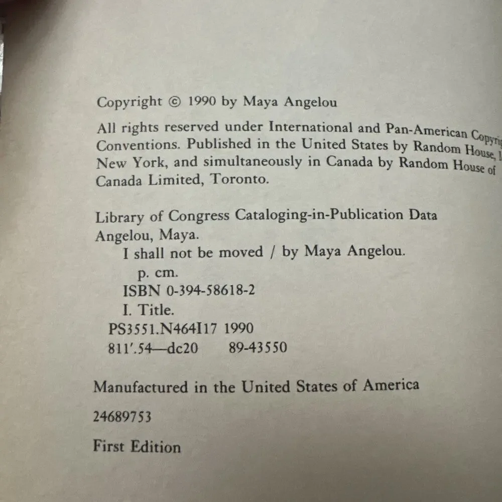 First Edition First Printing I Shall Not Be Moved‎ by Maya Angelou 1990